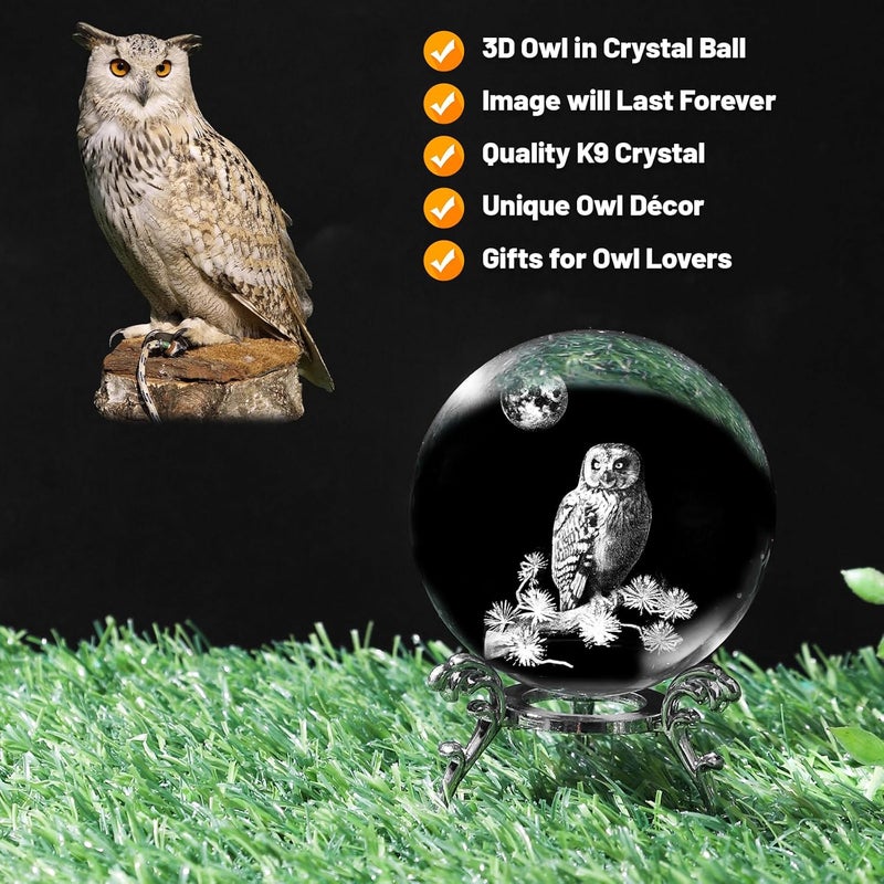PYJ3DLAMP 3D Owl Crystal Ball with Stand Lase Engraved Glass Sphere Paperweight Owl Decor Gift - Image 3
